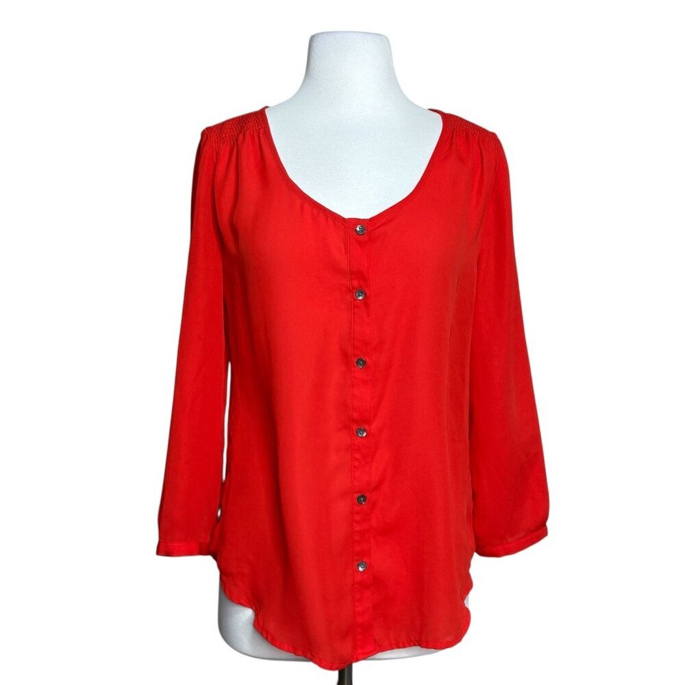 Lands' End Solid Red Blouse Long Sleeve Button Front Size 8
